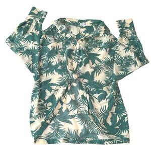 TCEC Green & Cream Leaf Print Hi-Lo Long Sleeve Summer Tropical Shirt Size Large